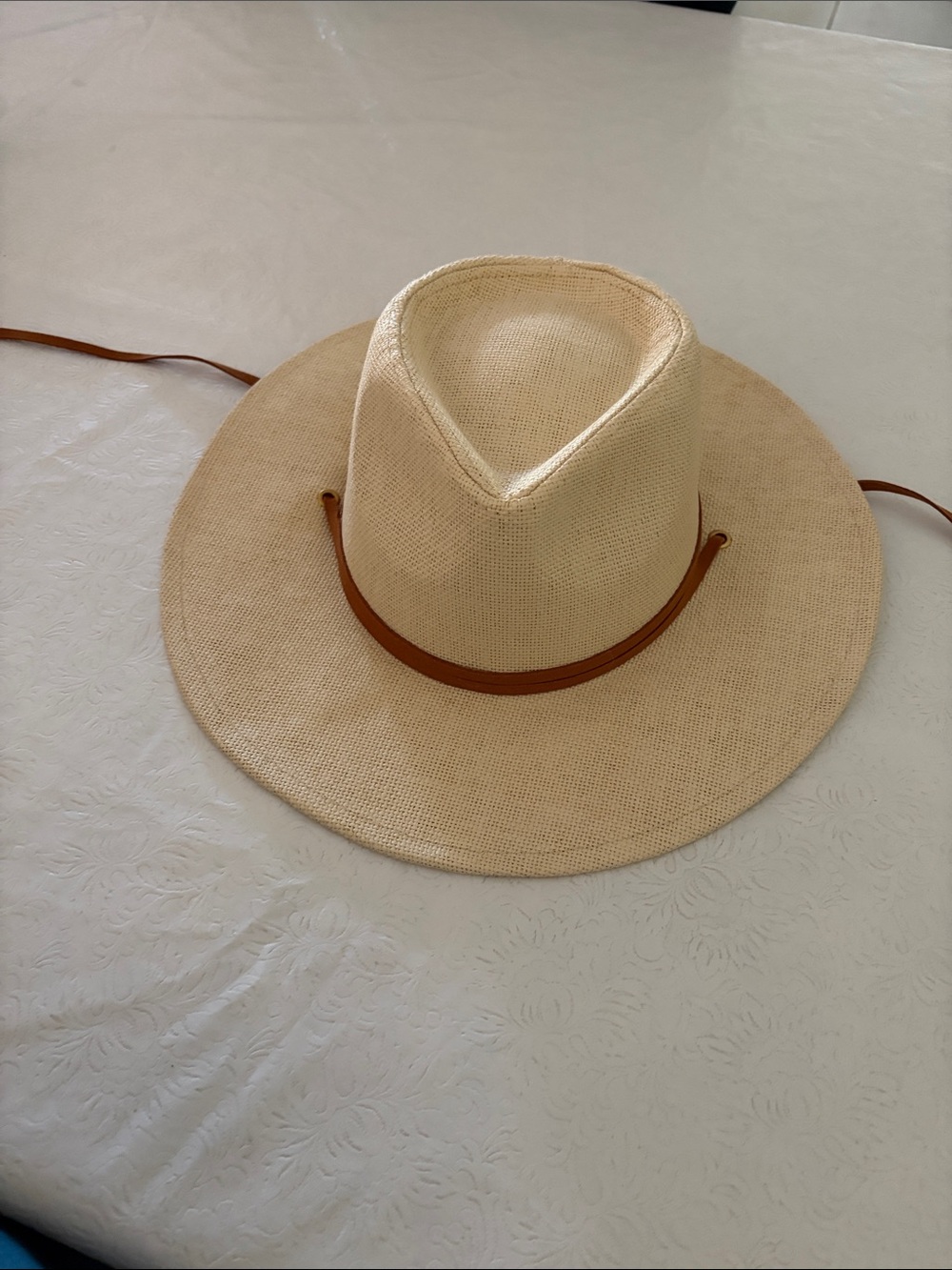 Wide Brim Straw Fedora Hat with Brown Band - Natural - Picture 2 of 2